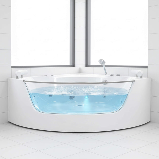 Nuvia Serenity 59-Inch 2-Person Acrylic Corner Whirlpool 16-Jet Hydro Massage Bathtub With Heater Rainbow Light