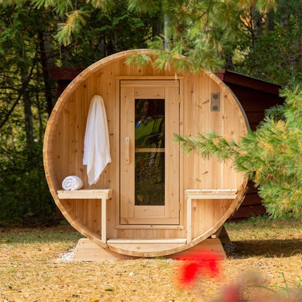 Dundalk Leisurecraft 4-Person Canadian Timber Serenity Barrel Sauna With Solid Wood Benches [CTC2245W]
