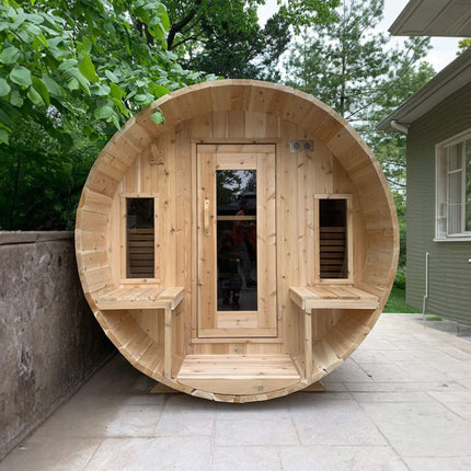 Dundalk Leisurecraft 6-Person Canadian Timber Tranquility Barrel Sauna With Front Porch [CTC2345W]
