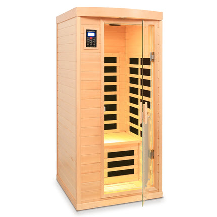 Low EMF, There is also a heating plate on the glass door, Hemlock wood Far-infrared indoor One person sauna room