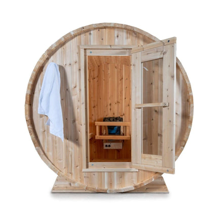 Dundalk Leisurecraft 84-Inch 4-Person Canadian Timber Harmony Barrel Sauna With Solid Wood Benches [CTC22W]