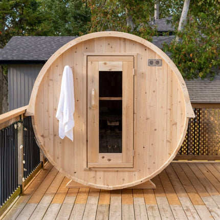 Dundalk Leisurecraft 84-Inch 4-Person Canadian Timber Harmony Barrel Sauna With Solid Wood Benches [CTC22W]