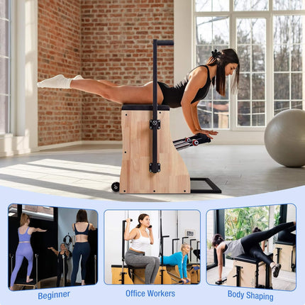 Core Pilates Multifunctional Solid Wood Pilates Reformer Chair With Adjustable Springs And Split Pedals