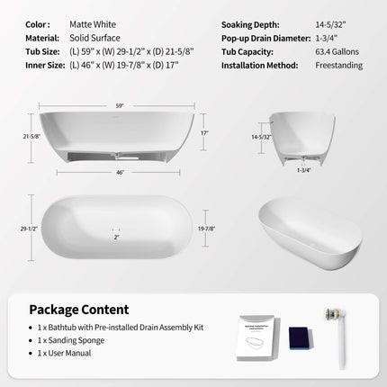 Nuvia 59-Inch Luxury Solid Surface Matte White Freestanding Soaking Tub