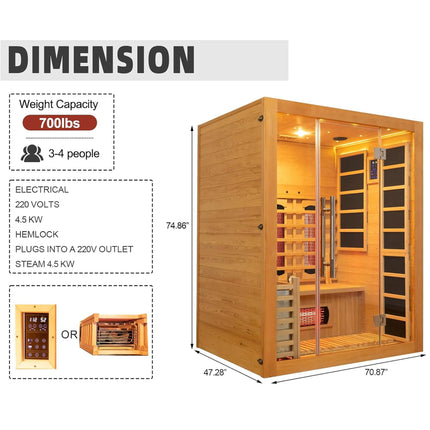 Rövia Aurora 3-Person Indoor Hybrid Sauna Room With Infrared And 4.5KW Steam Heater