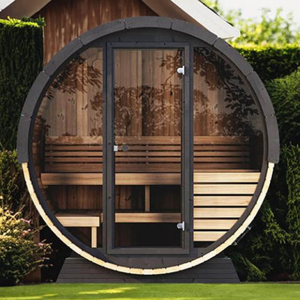 SaunaLife Model EE6G Ergo Series 4-Person Outdoor Sauna Barrel With Tempered Glass Front [SL-MODELEE6G]