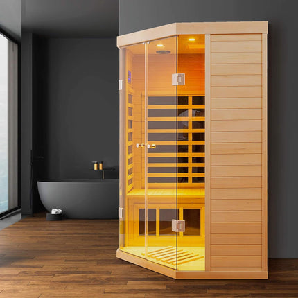 Premium Laurent 2-Person 1600W Corner Space Infrared Wooden Sauna Room With Bluetooth Speakers