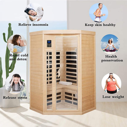 Premium Laurent 2-Person 1600W Corner Space Infrared Wooden Sauna Room With Bluetooth Speakers