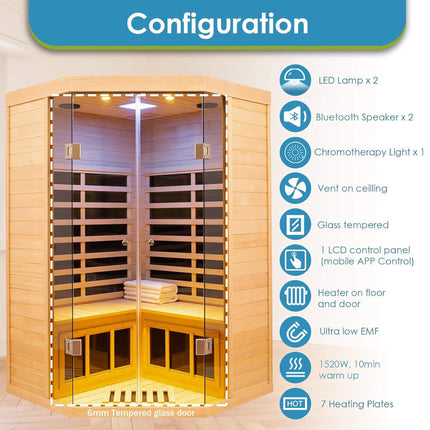 Premium Laurent 2-Person 1600W Corner Space Infrared Wooden Sauna Room With Bluetooth Speakers