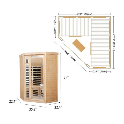 Premium Laurent 2-Person 1600W Corner Space Infrared Wooden Sauna Room With Bluetooth Speakers