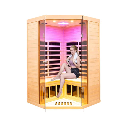 Premium Laurent 2-Person 1600W Corner Space Infrared Wooden Sauna Room With Bluetooth Speakers