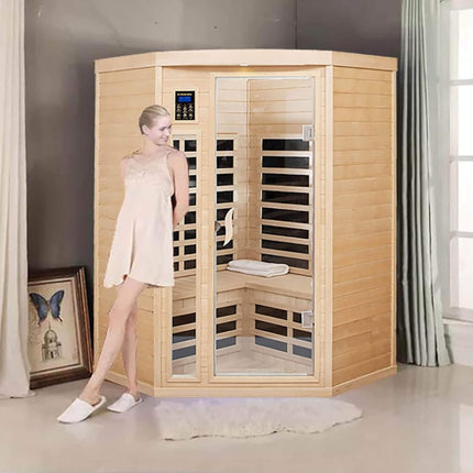 Premium Laurent 2-Person 1600W Corner Space Infrared Wooden Sauna Room With Bluetooth Speakers