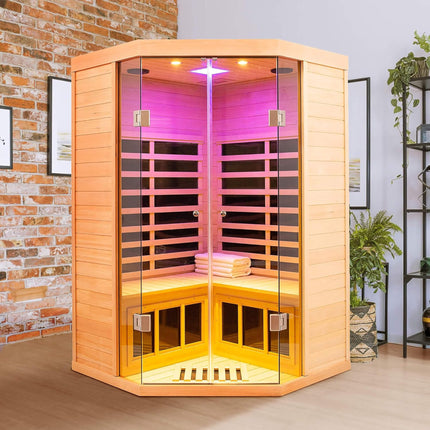 Premium Laurent 2-Person 1600W Corner Space Infrared Wooden Sauna Room With Bluetooth Speakers