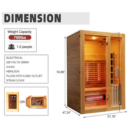 Rövia Luma 2-Person Indoor Hybrid Sauna Room With Infrared And 3.5KW Steam Heater
